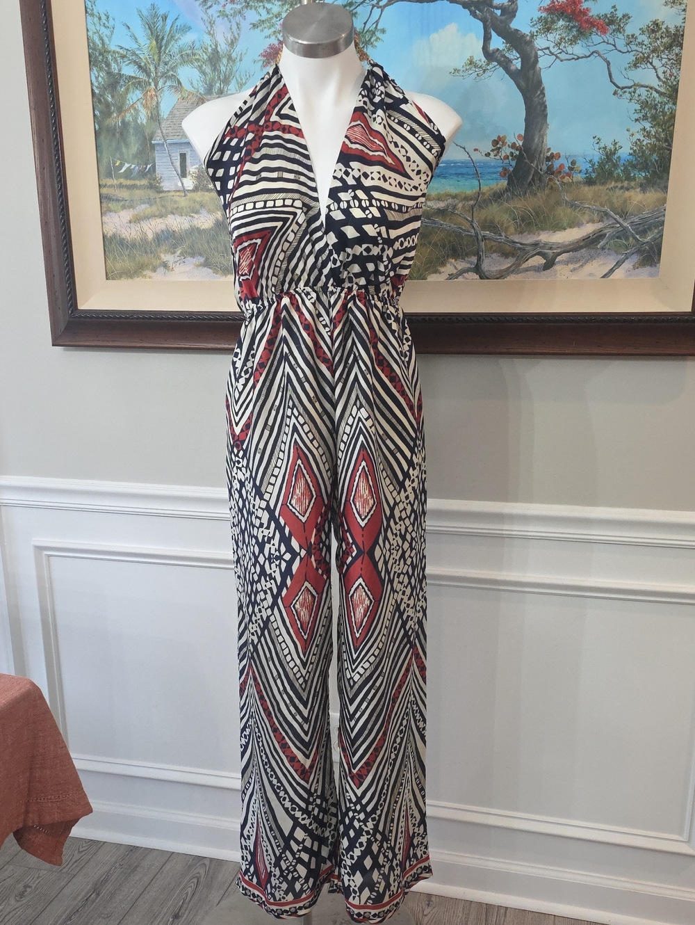 Sleeveless Halter Geometric Print Jumpsuit in Black, White & Red